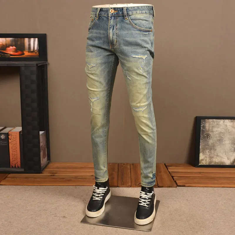 Fashion Streetwear Men Jeans Retro Washed Blue Elastic Stretch Slim Fit Ripped Jeans Men High Quality Vintage Denim Pants Hombre