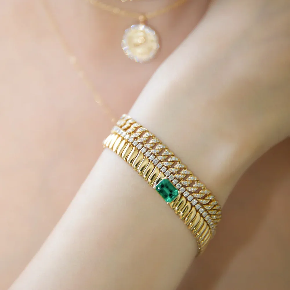 Luxus Grün Rechteck Kubikzircon Fischgräten Schlangenkette Armbänder für Frauen Fashion Square Gold Farbe Braut Hochzeit Schmuck