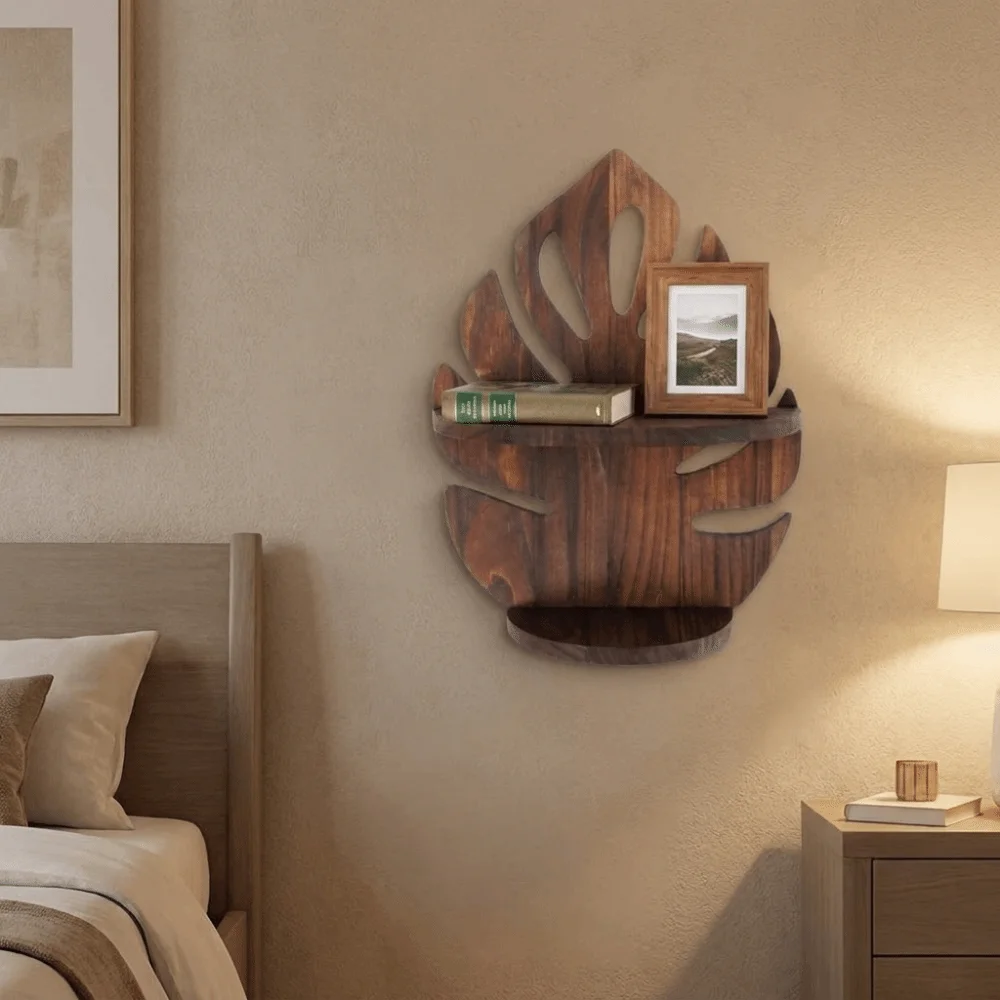 Creative Wall Mounted Wooden Monstera Shelf Decorative Rustic Wood Display Shelf Natural Wood Finish Book Storage Rack Office