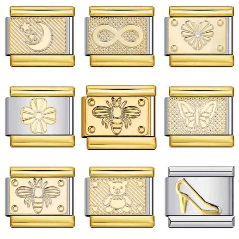 

2025 New Golden Moon Bear Italian Charm Fit 9mm Stainless Steel Modular Bracelet Wholesale Jewelry