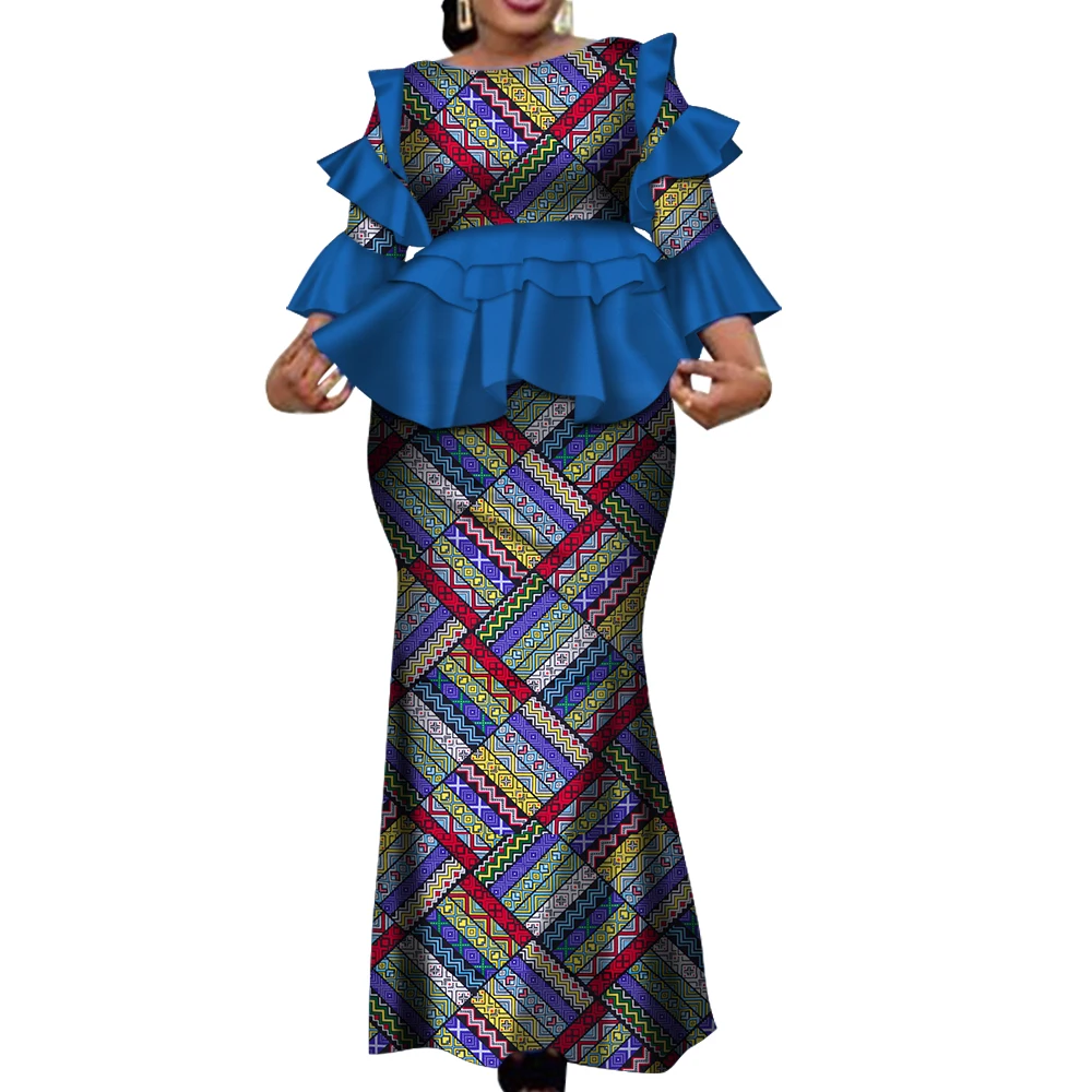African Two Piece Outfits Set for Women Fashion Dashiki Ruffle Dashiki African Clothes Bazin Plus Size Clothing for Party WY4142