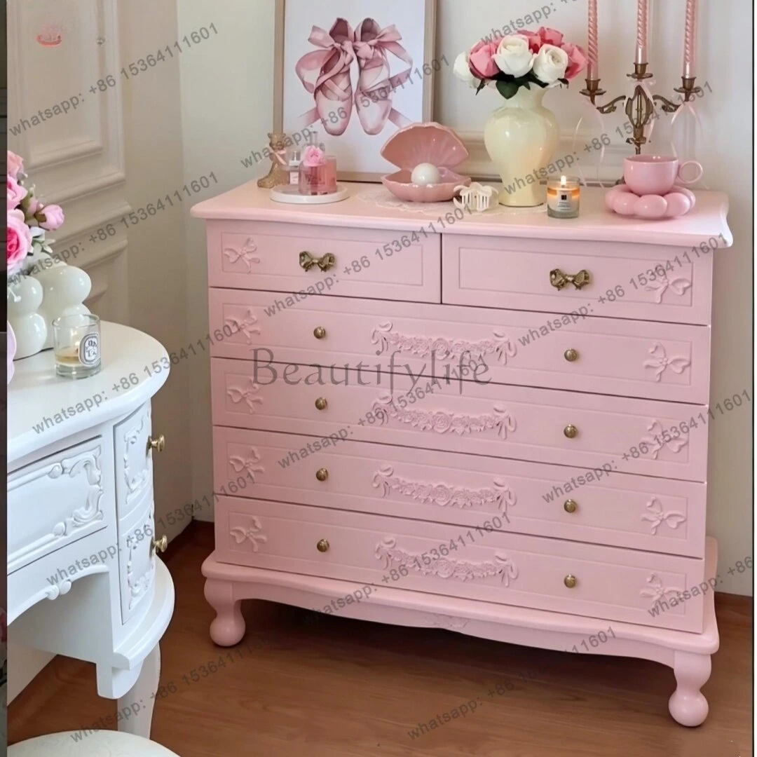PG French light retro carved six chest cabinet princess style bedroom storage dopamine color chest side cabinet