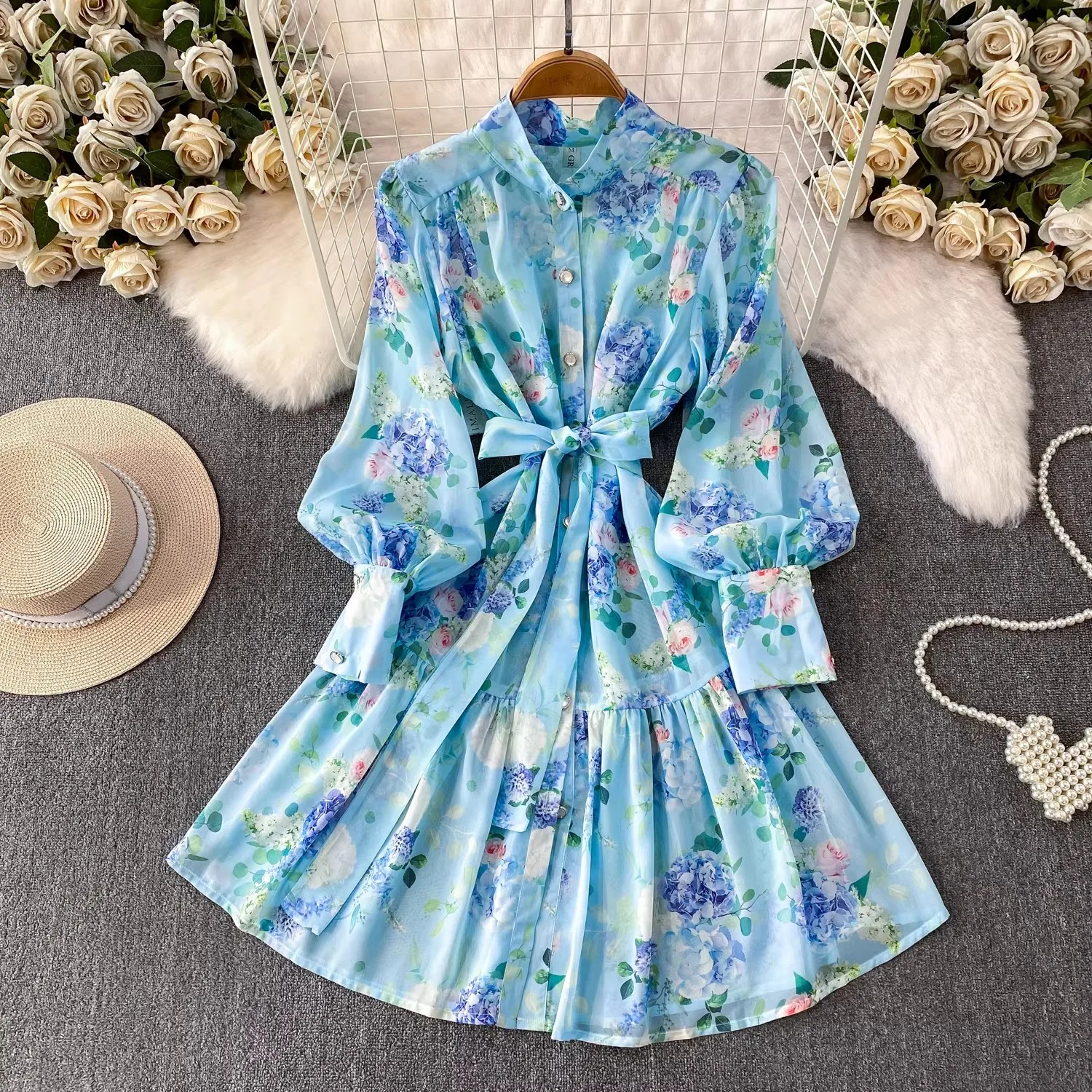 

Spring Elegant Floral Print Stand Collar Lantern Sleeve Mini Dress With Belt French Style Daily Fairy Outfits Vintage Vestidos