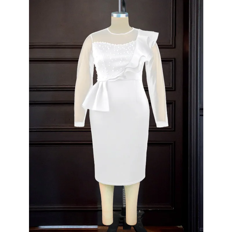

L-4XL Plus Size African Dresses for Women Autumn Elegant African Long Sleeve Mesh White Bodycon Midi Dress Africa Clothing