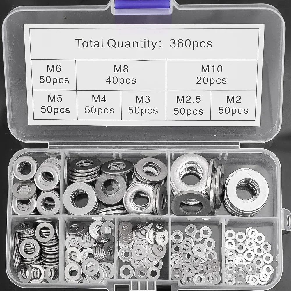 360/180Pcs Stainless Steel Flat Washers Assortment Kit Flat Gasket Rings Plain M2 M2.5 M3 M4 M5 M6 M8 M10 Hardware Metal Washers