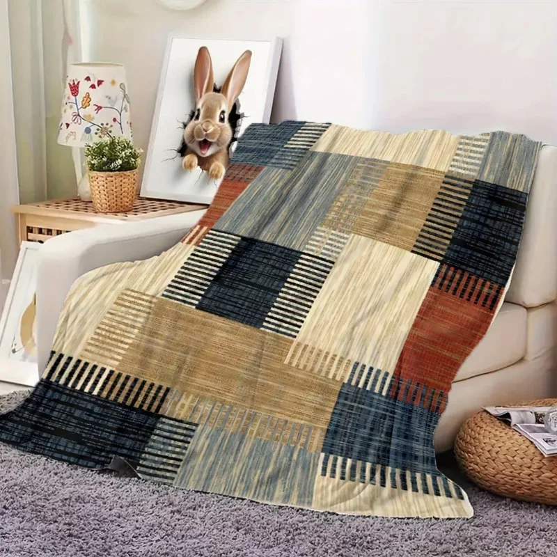 1 piece of comfortable Bohemian style flannel blanket - soft warm machine washable multi colored patchwork design