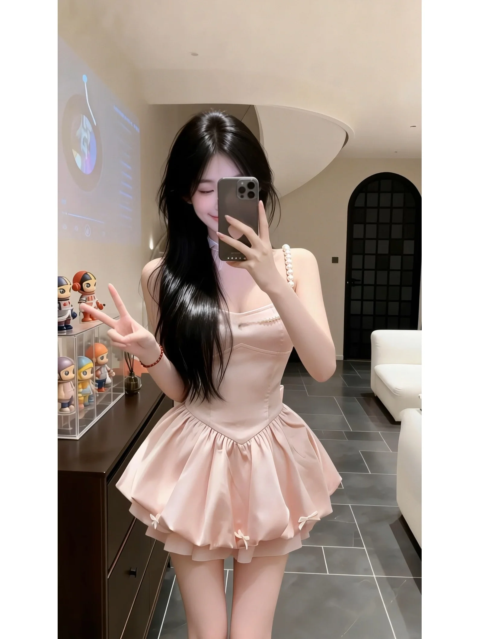 

plus Size Women's Sweet And Spicy Knot Pearl Chain Waist Cinched Princess Skirt Casual Commute Style Korean Version