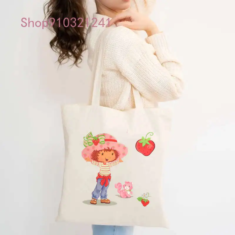 Shopping Bag Anime Strawberry Girl Print Handbag Cotton Manga Tote Bags Reusable Grocery Women Classic Vintage Shoulder Bag