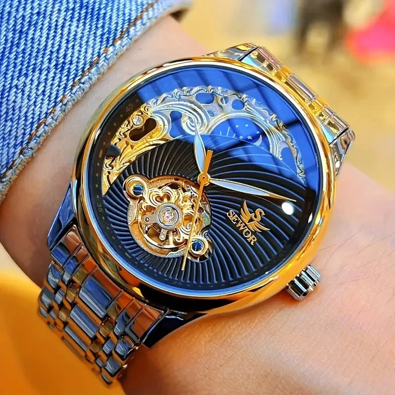 Luxurious Men's Automatic Mechanical Watch with Half-Moon Hollow Dial, Business Casual Versatile Stylish Trendy Men's Watch, Luminous Waterproof Steel Band, Perfect Gift