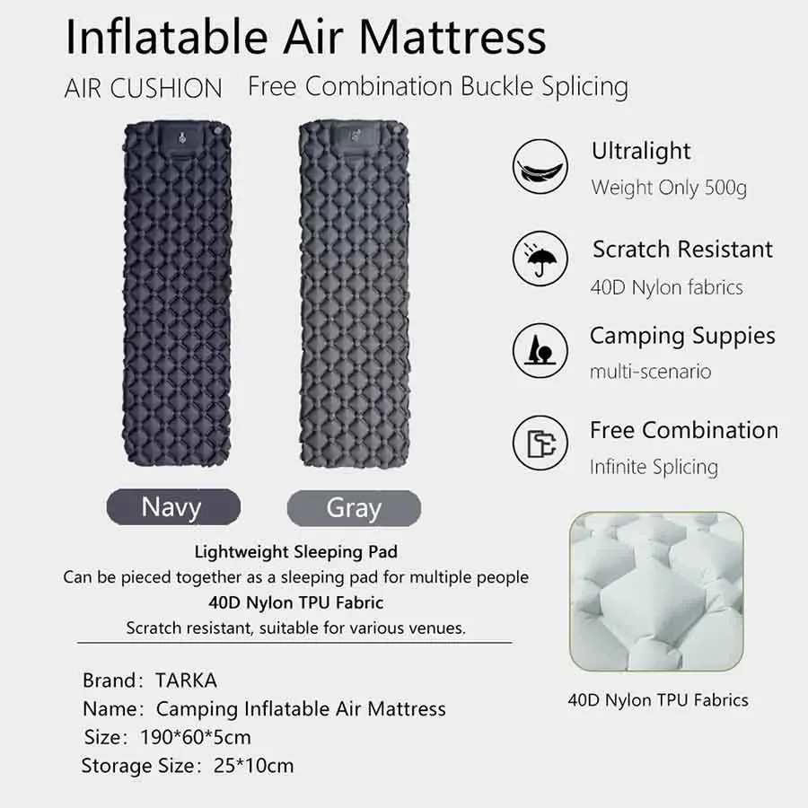 TARKA 1 قطعة مرتبة قابلة للنفخ خفيفة الوزن، سجادات تخييم للمشي لمسافات طويلة، وسادة هوائية مبتكرة، مرتبة هوائية بدون وسادة للخيمة