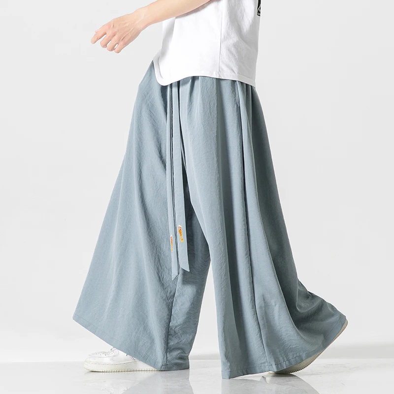 2023 estate pantaloni a gamba larga da uomo oversize Vintage abbigliamento da uomo pantaloni larghi in seta di ghiaccio Casual bianchi pantaloni maschili giapponesi Harajuku