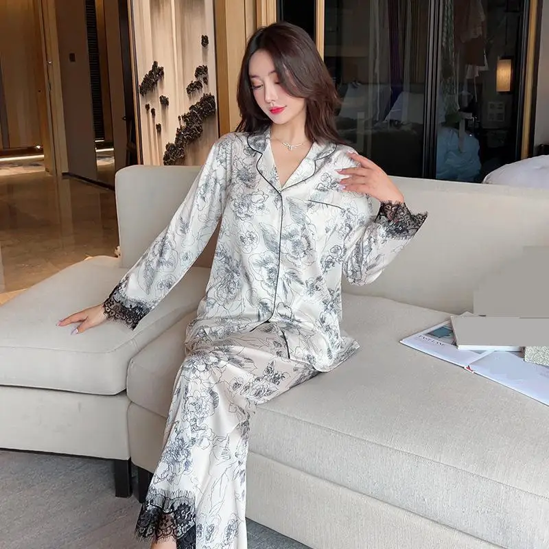 

Summer New Pajamas Set Print Sleepwear Lapel Homewear 2PCS Pyjamas Suit Rayon Women Nightwear Satin Shirt Trousers Lingerie