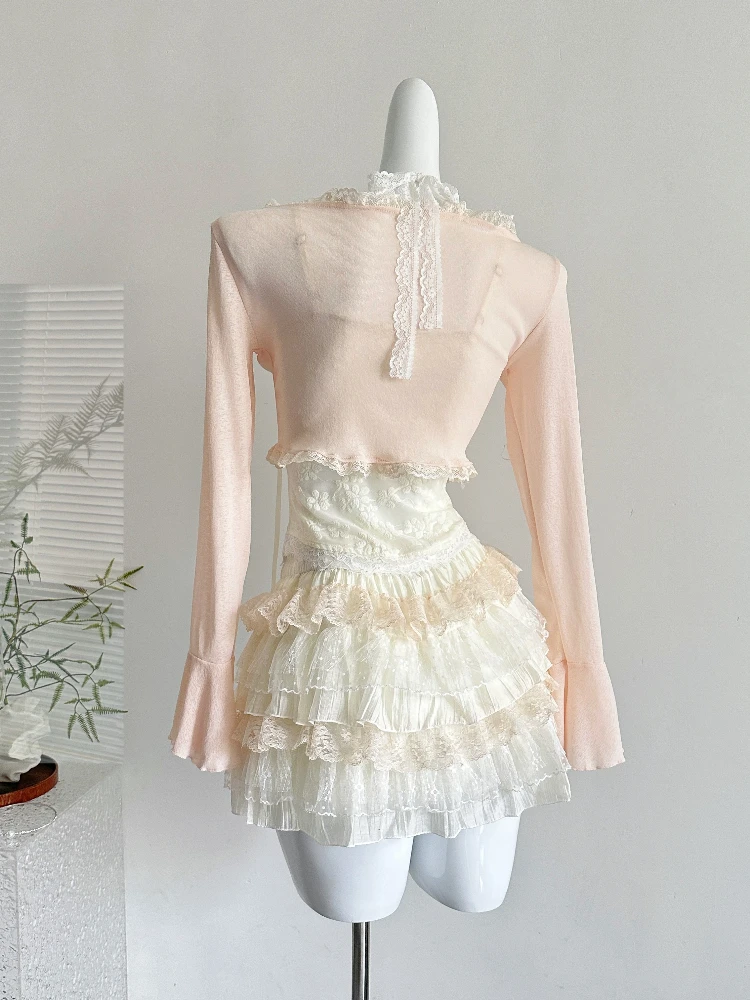 2025 Japanese Cute Pink Sweet 3 Piece Set Women Lace Smock+Slip Halter Vest+Elastic Waist Cake Skirt Casual Original Design Suit