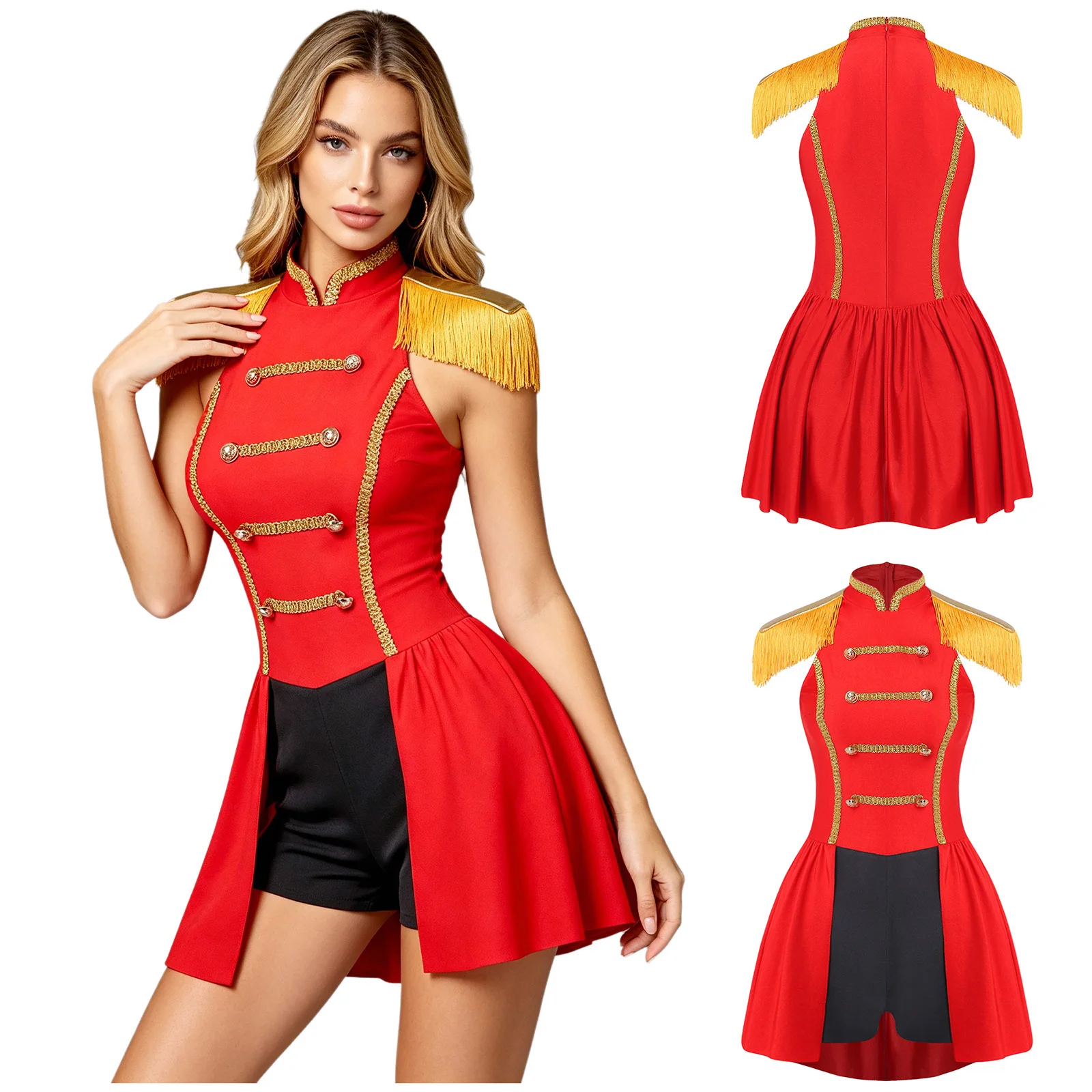 Damen Zirkusdirektor-Kostüm Halloween Cosplay Leotard Quasten Metallische Schulterklappen Goldbesatz Jumpsuit Rock-Bodysuit Verkleidung