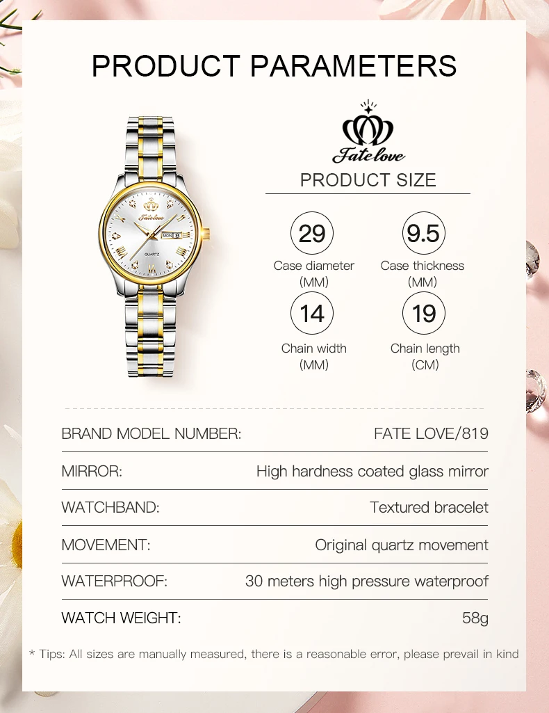 Fate Love 819 Classics Women Watch Stainless Steel Luminous Waterproof Calendar Elegant Dress Quartz Watch for Women Original