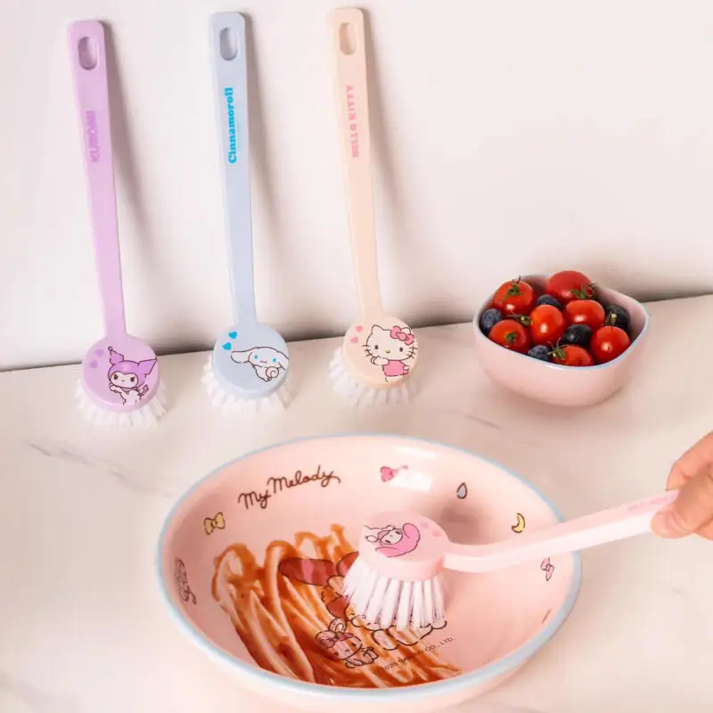 

Kawaii Hellokitty Long Handle Pot Brush 2026 New Style Kitchen Dish Scrubber Non-Stick Pan Cleaning Brush with Hanging Hole