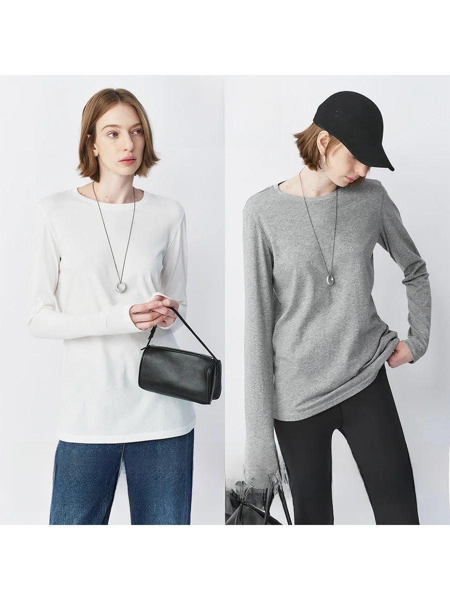 

Женская футболка Amyy Studios Spring Essential из комфортного хлопкового смесового материала, свободного кроя, с круглым вырезом и длинным рукавом, повседневная, базовый слой