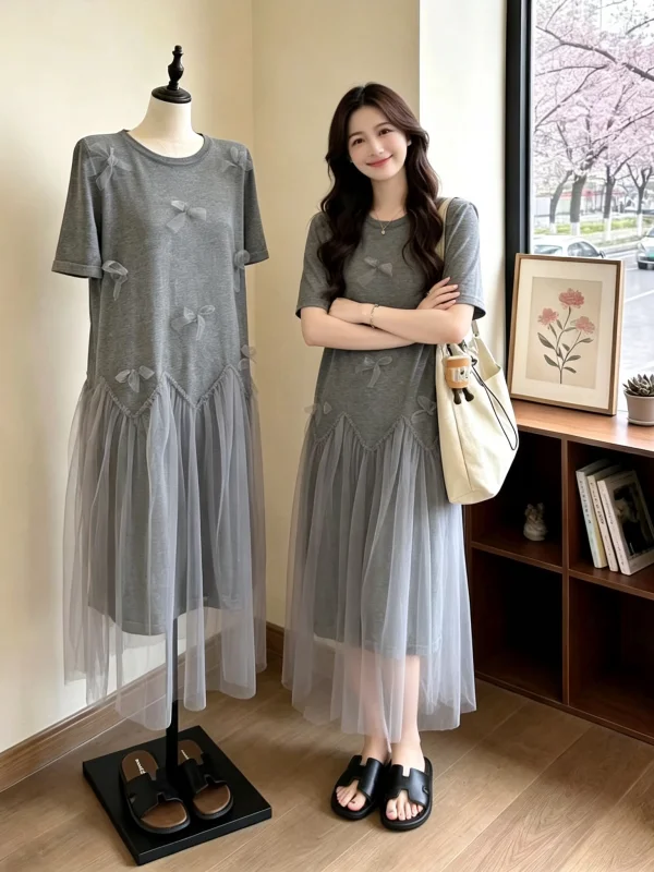 

Summer Knot T-Shirt Dress Loose Mesh Splice Pure Color Shoulder Length Korean Style plus Size Women's Dress