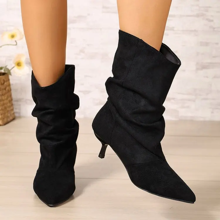 2026 Spring and Autumn New Solid Color Suede Retro Fashion Boots Women's Fold Design Sleeve Sleeve High Heel Pile Boots