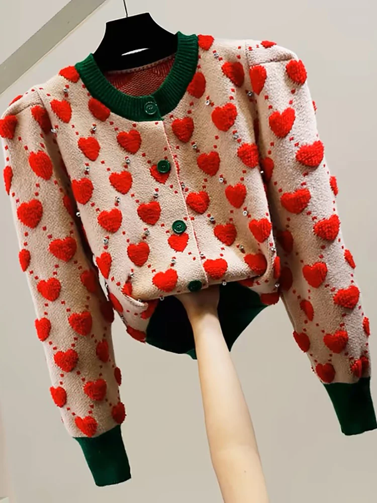 Heavy Embellished Heart Pattern Knitted Cardigan Women's Design Sensation Bubble Sleeve Sweater Outerwear Trendy Commute Style