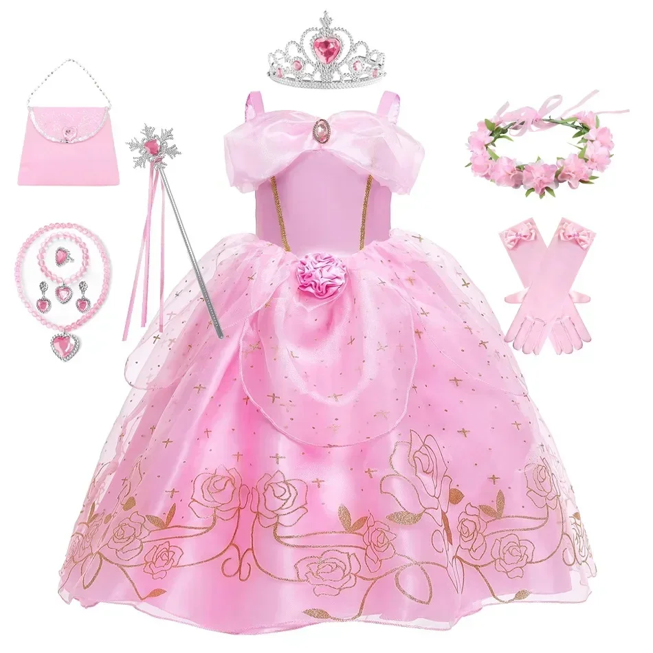 Kid Princess Pink Dress Girl Summer Fancy Party Clothes Children Sleeping Beauty Flower Dresses Christmas Carnival Costume Cloth