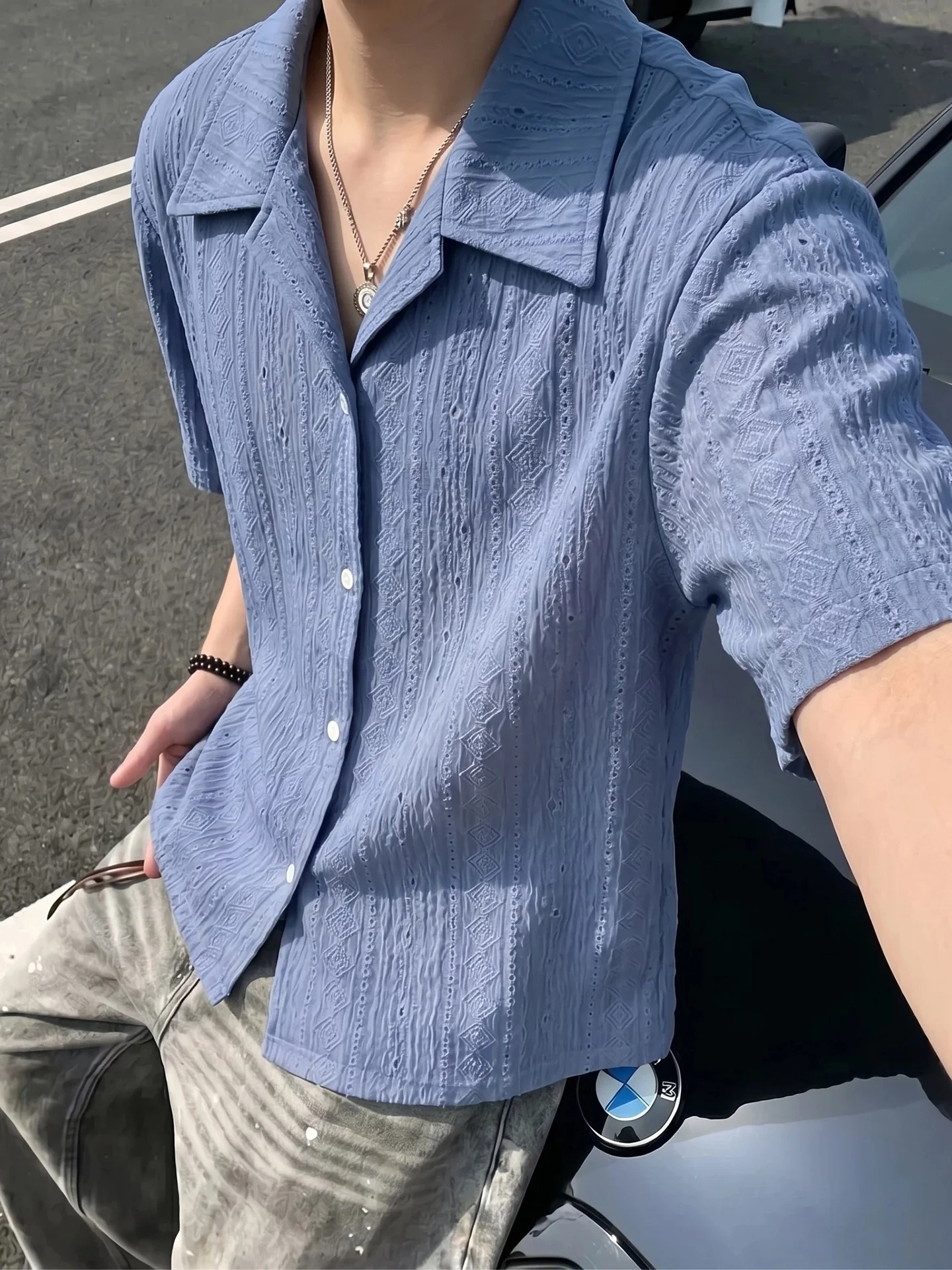 Cleanfit White Cuban Collar Short Sleeve Casual Shirt Men's Summer Texture Sensation Hollow out Breathable Lightweight Polyester