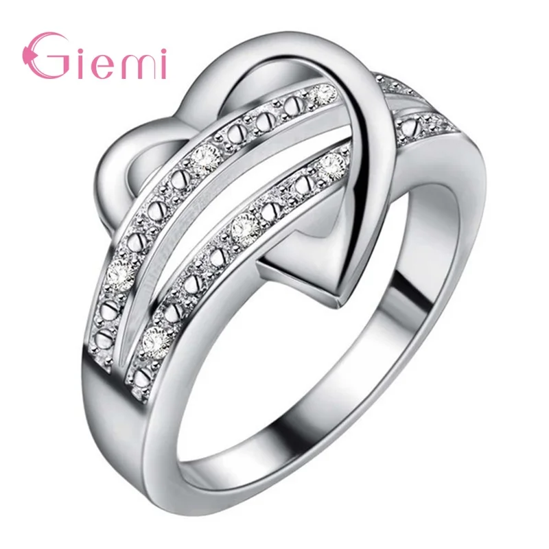 الأصلي 925 فضة شكل قلب صفوف مزدوجة خواتم الخطبة للنساء الفتيات حفل زفاف مجوهرات هدايا بالجملة