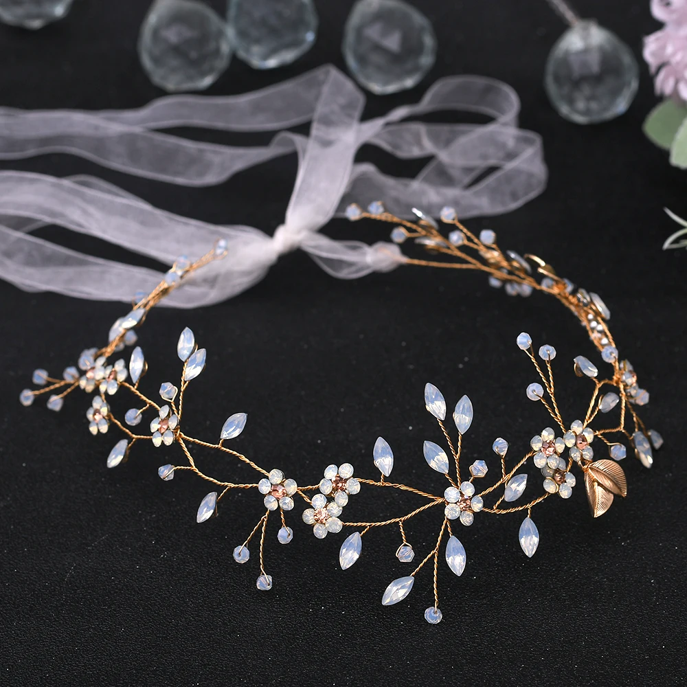 Gold Alloy Wedding Hair Vine Flower Hairband With Ribbon Rhinestone Bridal Hair Accessories Communion Hair Flowers For Girls