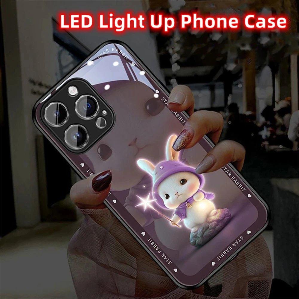 

Star Rabbit LED Light Glowing Luminous Tempered Glass Back Phone Case For iPhone 15 11 12 13 14 X Xs Xr Mini Pro Max Plus Cover