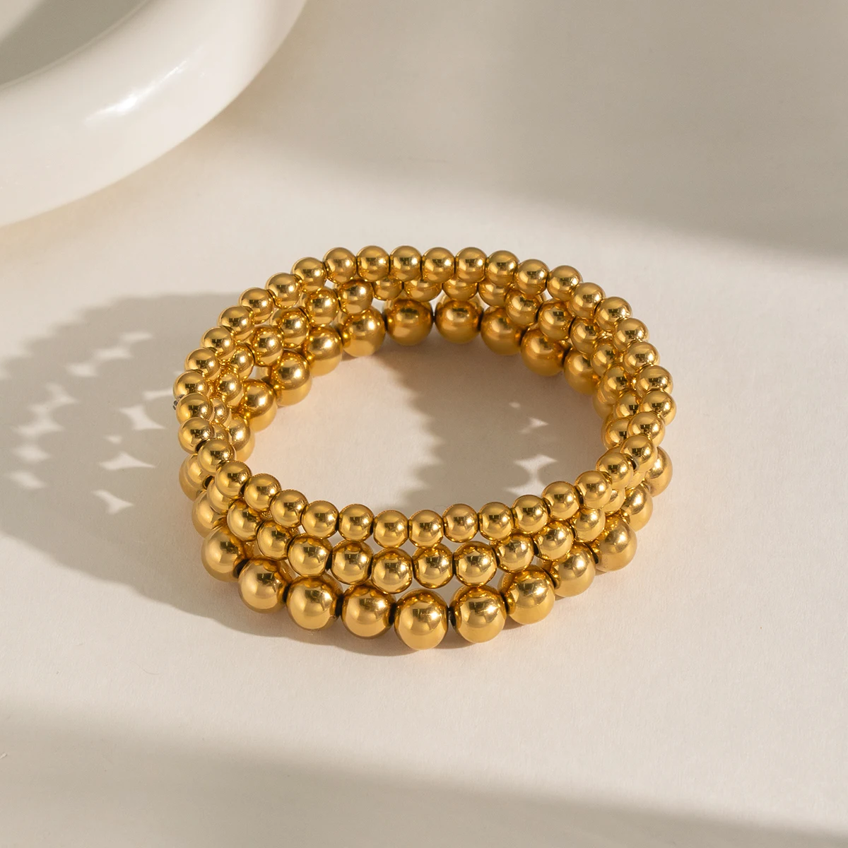 Miia Jewelry Multi Size Smooth Round Bead Stretch Bracelet Set 18K Gold Stainless Steel Stackable Waterproof Jewelry