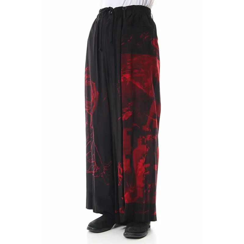 YOJI OOAK تصميم داكن، سراويل غير رسمية متباينة باللونين الأسود والأحمر، سراويل واسعة الساق بطباعة وردية، سراويل فضفاضة #1