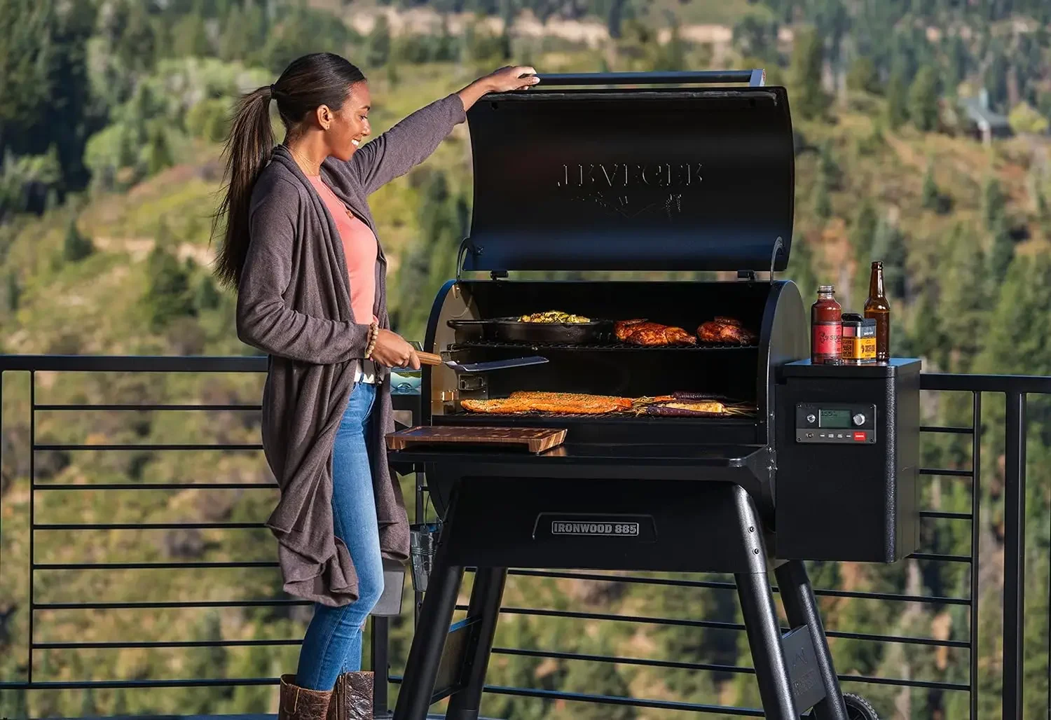 parrillas madera  hierro 885, parrilla eléctrica  pellets de madera, ahumador con WiFi y conectividad por aplicación