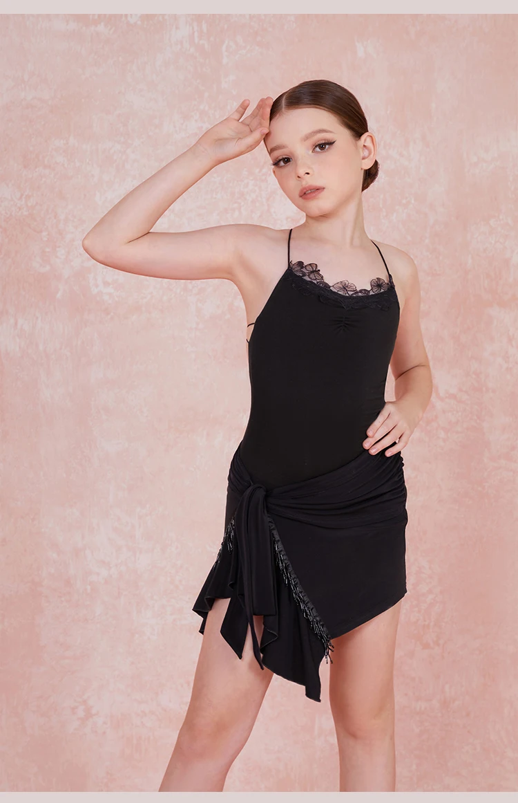 فستان رقص لاتيني مخصص للأطفال البنات بتصميم ملفوف نصف تنورة فستان رقص لاتيني مجوف بحاشية تنورة غير منتظمة #5