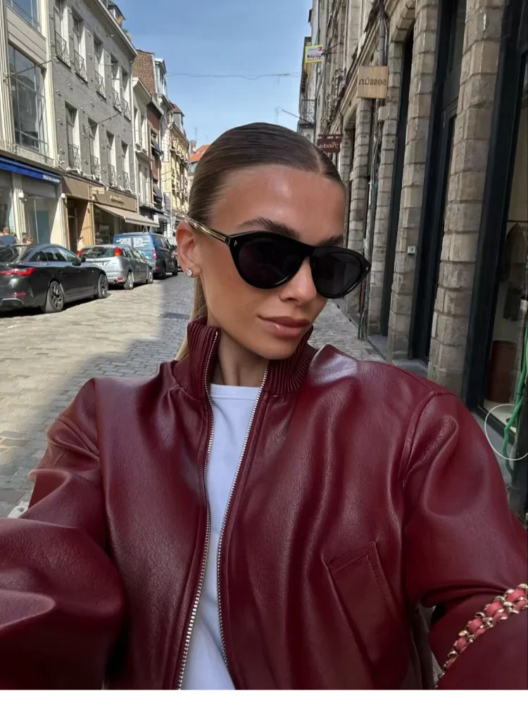 Burgundy Faux Leather Cropped Jacket Ribbed Stand Collar Zip Up Long Sleeve Vintage Short Coat Women Autumn Streetwear Outerwear