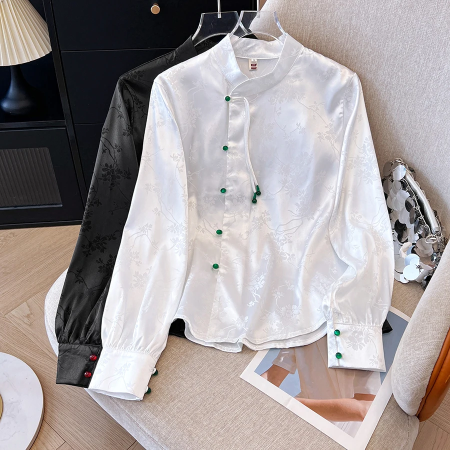 

Новая женская модная блузка ручной работы в китайском стиле с длинным рукавом, атласной поверхностью, декором из нитей и бисера, в национальном стиле