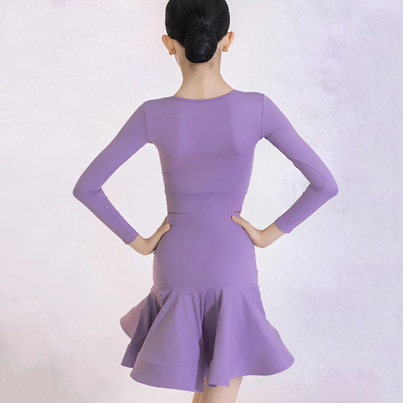 الأرجواني اللاتينية أزياء رقص الفتيات أداء الملابس طويلة الأكمام بلوزات قصيرة هيكل السمكة تنورة تشا تشا ممارسة الرقص ارتداء BL17287