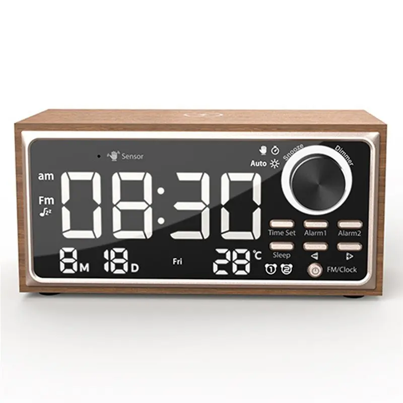 AFOURT-Solid Wood Clock Vintage FM Radio Wireless Charging LED Display Dimmer Bedroom Desktop