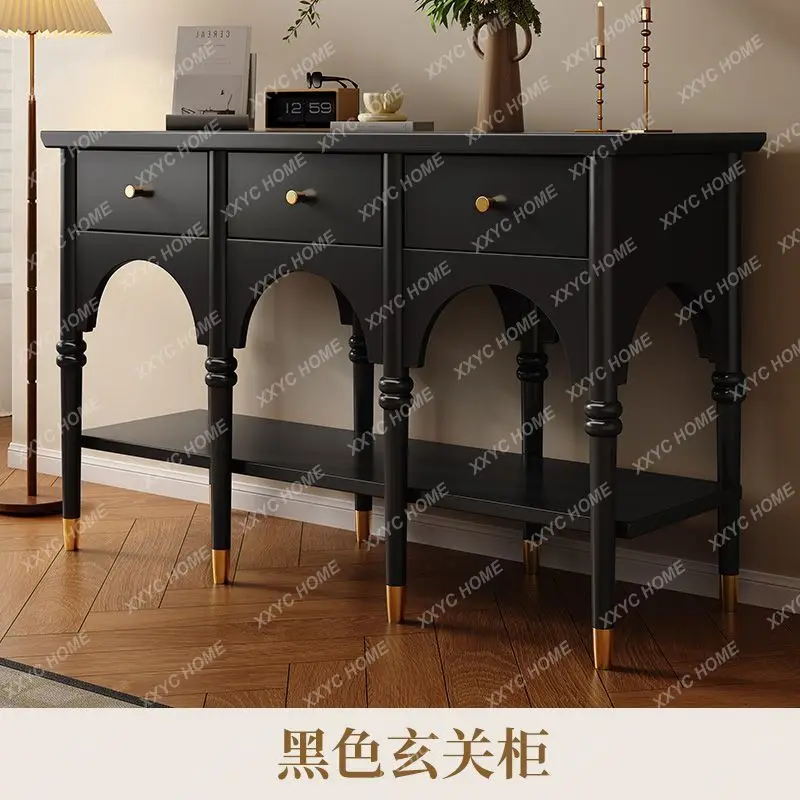 XX Cream Style Solid Wood Entrance Cabinet Living Room Entrance Medieval Style Retro Wall Entrance Platform