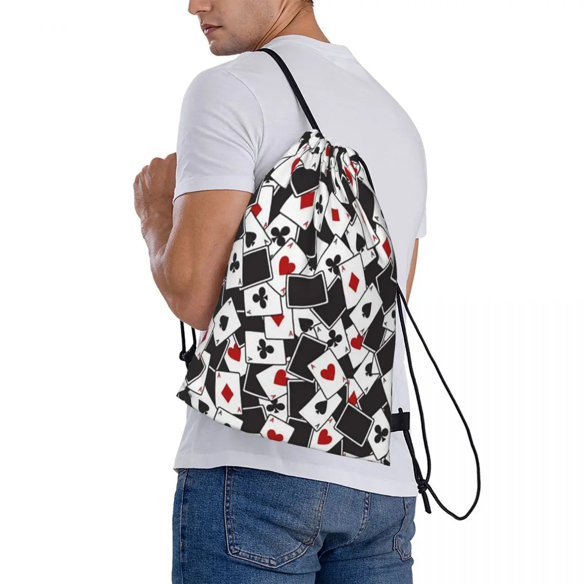 Playing Cards Poker Print Backpacks Fashion Drawstring Bundle Pocket Shoes Bag Book Bags for Man Woman Students