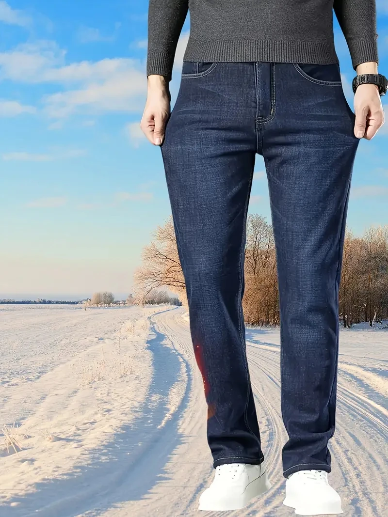 شتاء دافئ الصوف الجينز الرجال 2025 مستقيم تمتد سميكة عادية الحرارية الدنيم السراويل الذكور الأعمال العمل بنطلون جديد الرجال الملابس #2