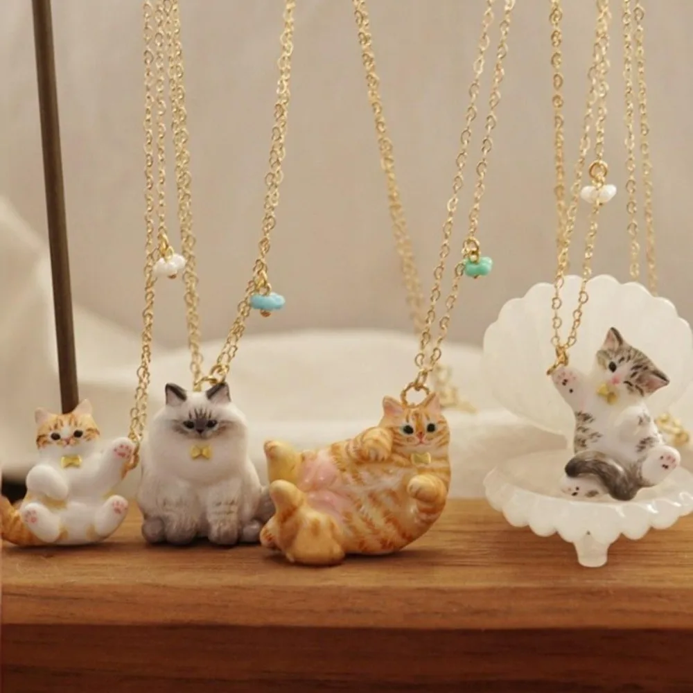 Cute Simulation Dripping Oil Tabby Cat Siamese Cat Orange Cat Animal Series Pendant Necklace for Women Stainless Steel Jewelry