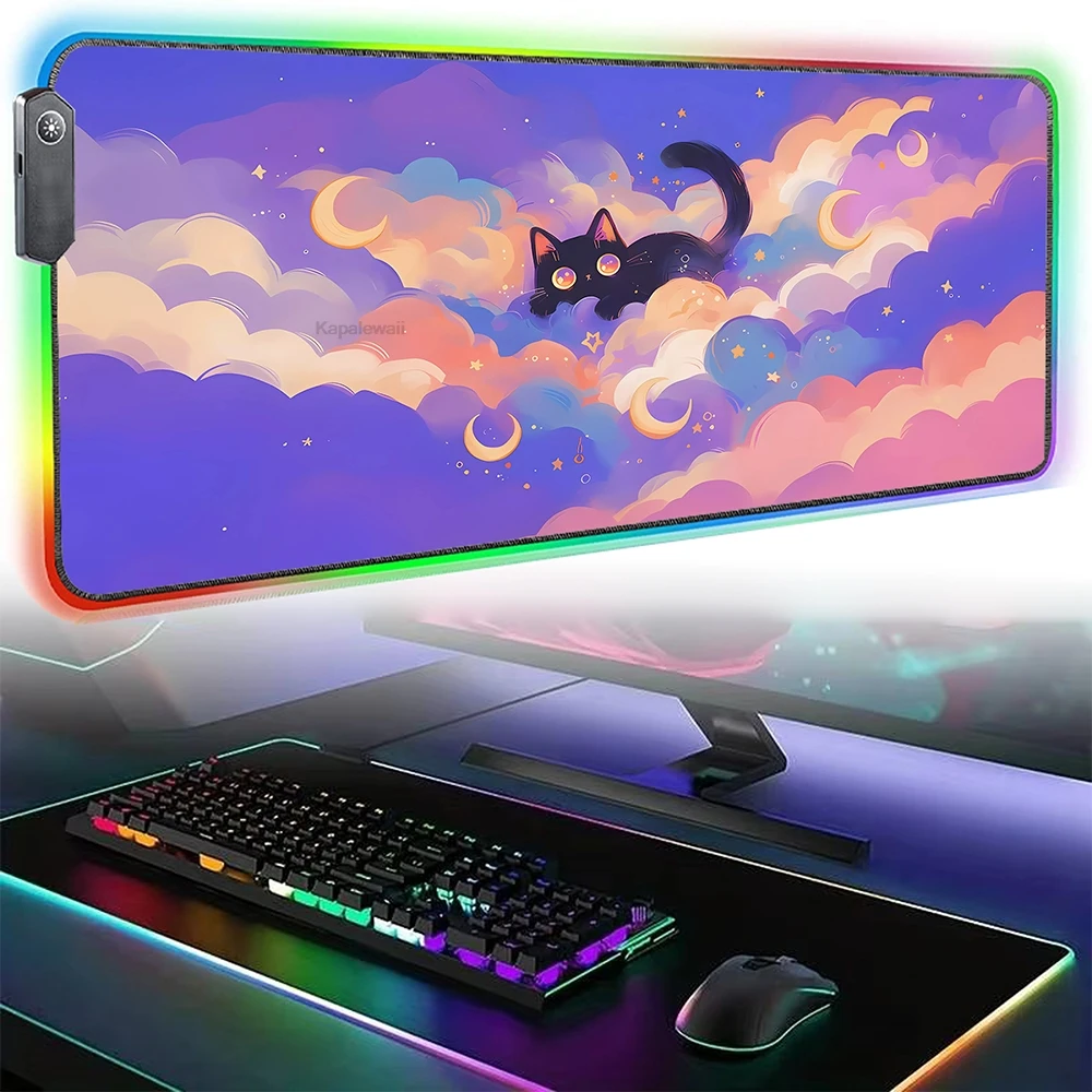 Mousepad RGB Black Cat Cloud Colorful Mouse Pad Keyboard Mouse Mat Glow Large Rug Kawaii Pink Purple Desktop Protection Pads