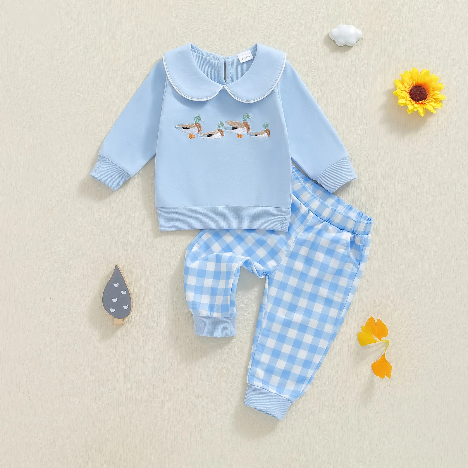 طفل فتاة الخريف وتتسابق بطة التطريز طويلة الأكمام دمية طوق البلوز مرونة الخصر منقوشة السراويل 2 قطعة مجموعة