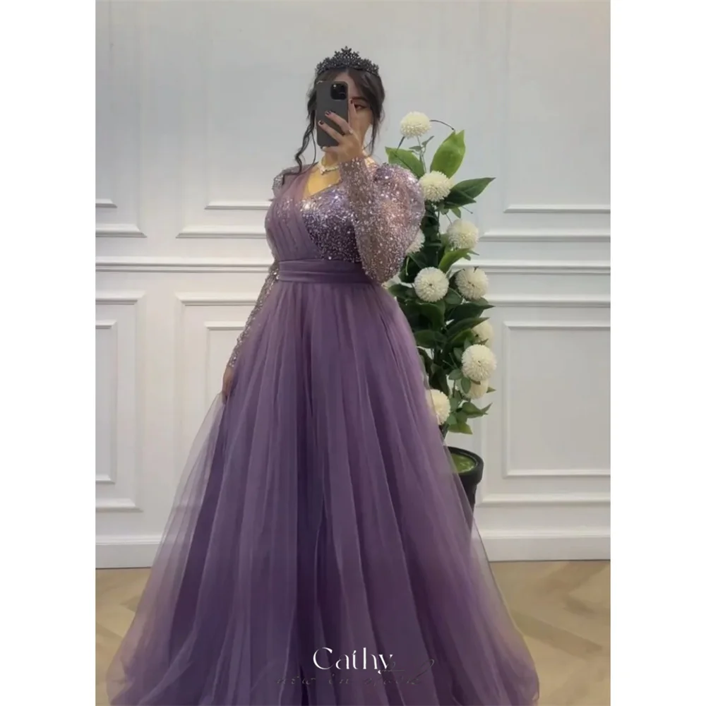 

Cathy Purple Tulle V-neck Wedding Dresses Glitter Top A-line فساتين سهرة Elegant Sleeves Floor-length vestidos de fiesta 2024