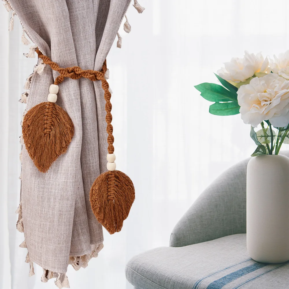 Macrame Leaf Curtain Tiebacks with Wood Beads, Handwoven Tassel Curtain Holdbacks Boho Home Window Decor