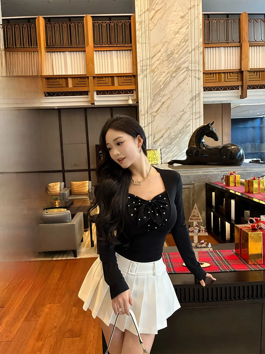 

Slimming Effect T-irt Cherry Heart Moment Plaid Polka Dot Fake Two-Piece Long Sve Women's Regular Length Silk Blend Top