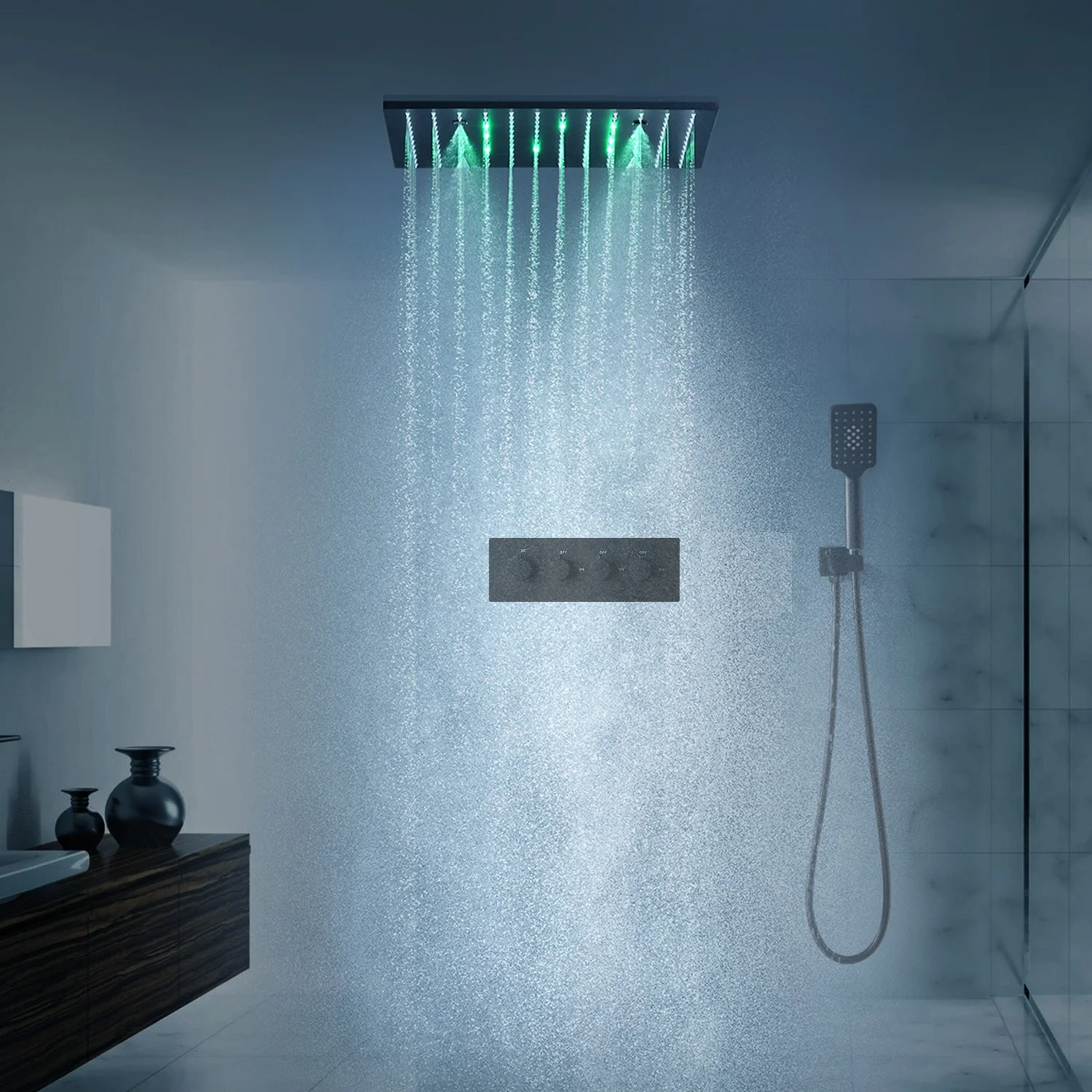 Matt Black SPA Massage Shower Head Rain Shower Faucet Set Thermostatic Valve Shower Panel 304 Stainless Steel