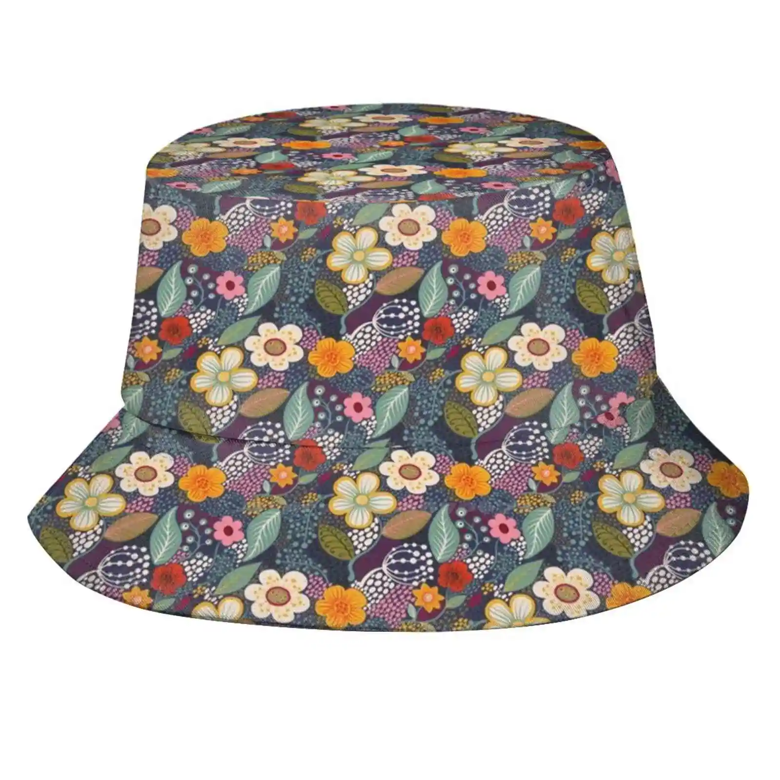 Secret Garden 2 Unisex Fashion Women Men Breathable Bucket Hats Floral Flower Surface Pattern Navy Blue Yellow Secret Garden