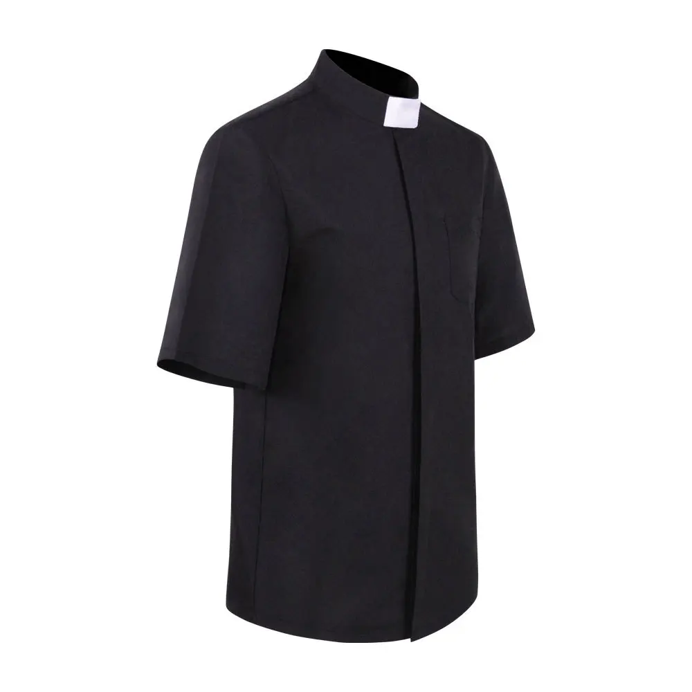 COLDKER Priest Collar Shirt Men Clergy Stand-up Catholic Church Minister Preacher Summer Short Sleeve Tops Roman Blouse S-5XL