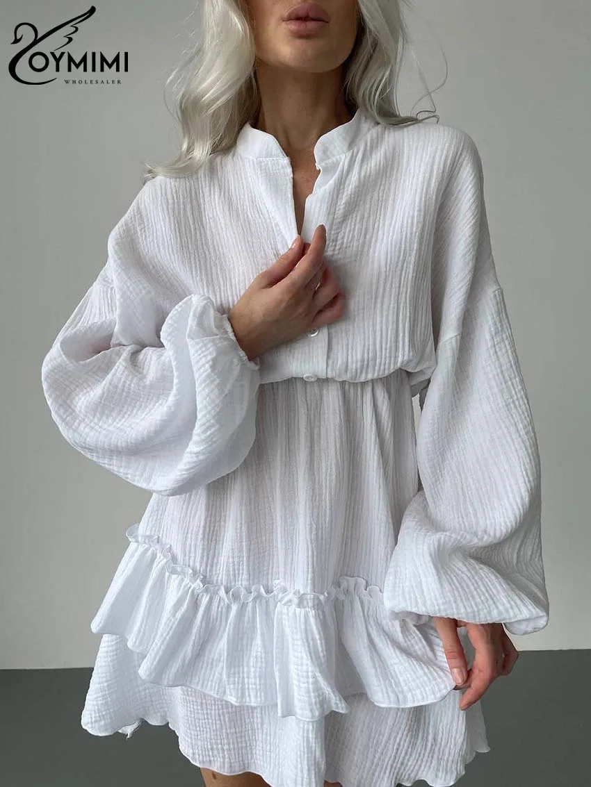 

Oymimi Elegant White Cotton Dresses 2024 Women Casual Long Sleeve Button Solid Dresses Fashion High Waisted Pleated Mini Dress